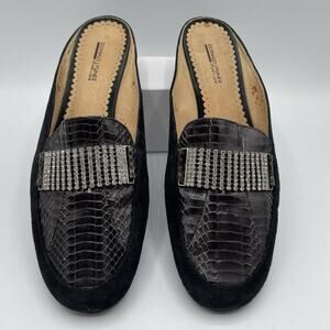 Donald J Pliner Lisa Rhinestone Mules Size 10 Black Suede Croc Embossed Leather